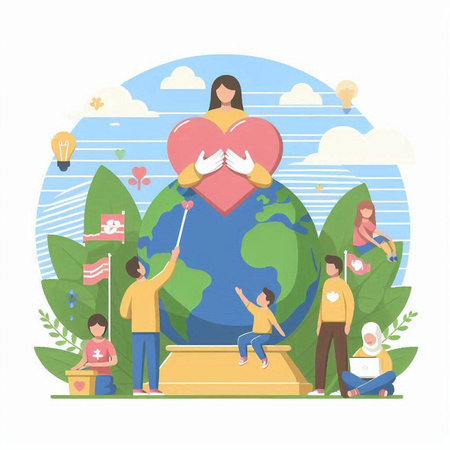 Happy family with a globe and a heart. Flat vector illustration.のイラスト素材