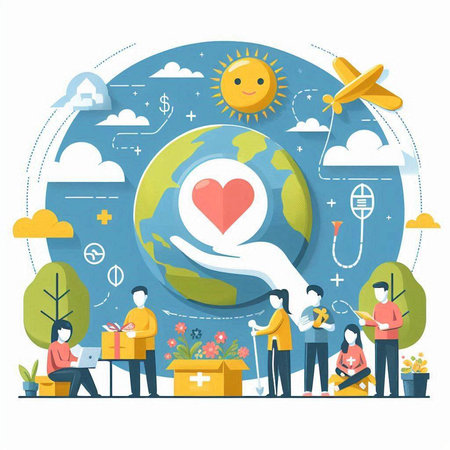 World Health Day concept in flat design. Vector illustration with people and planet.のイラスト素材