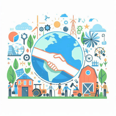 Handshake between people around the world. Ecological concept. Vector illustrationのイラスト素材
