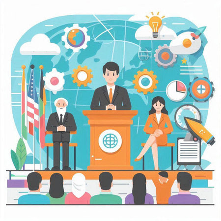 Vector illustration of people at podium with speech tribune in flat styleのイラスト素材