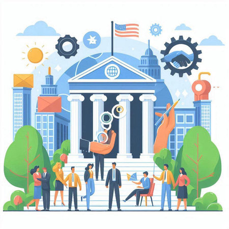 Bank building with people and icons. Vector illustration in flat style.のイラスト素材