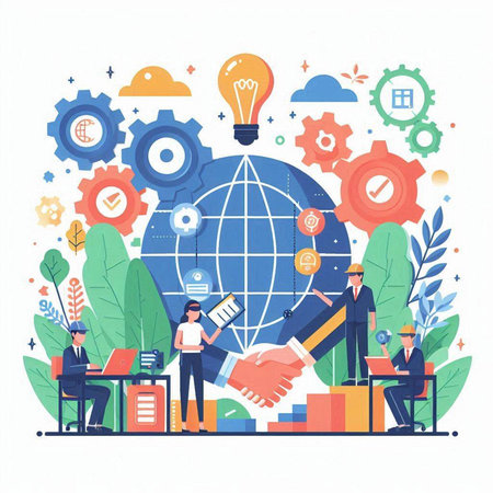 Global business concept. Teamwork and cooperation. Vector illustration in flat styleのイラスト素材