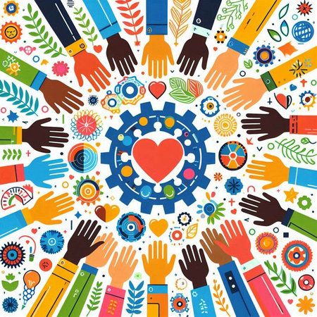 Teamwork concept. Vector illustration of a group of multiethnic people with gear wheel.のイラスト素材