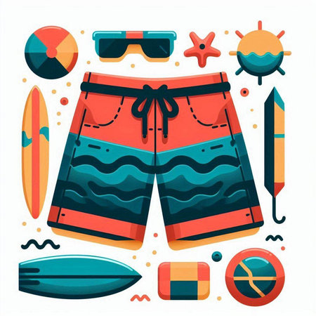 Summer vacation flat design icons set with swimming trunks and surfboards vector illustrationのイラスト素材