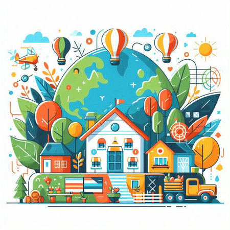 Vector illustration of eco-friendly house with green plants, trees and vehicles.のイラスト素材