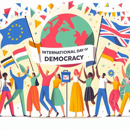 International Day of Democracy. People with flags and banners. Vector illustrationのイラスト素材
