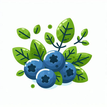 Blueberry berries with green leaves flat vector illustration isolated on white background.のイラスト素材