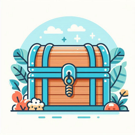 Vector illustration of a wooden chest with a key. Flat style.のイラスト素材