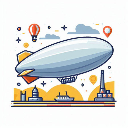 Airship in the city. Vector illustration in flat linear style.のイラスト素材