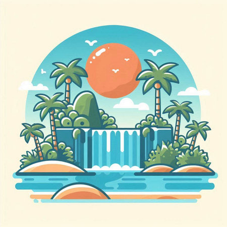 Waterfall in the tropics. Vector illustration in flat style.のイラスト素材