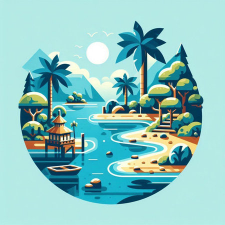 Tropical island landscape with palm trees, river and boat. Vector illustration.のイラスト素材