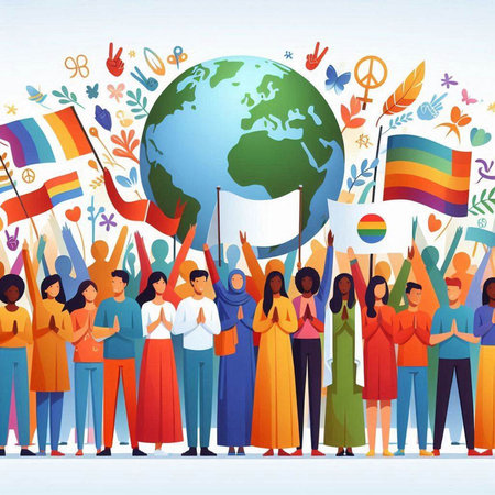 Group of young people with flags around the globe. Vector illustration.のイラスト素材