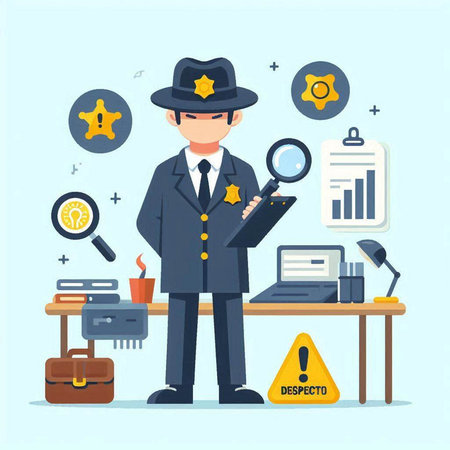 Vector flat design illustration of detective with magnifying glass, magnifying glass, laptop, briefcase, light bulb, magnifying glass and checklist.のイラスト素材