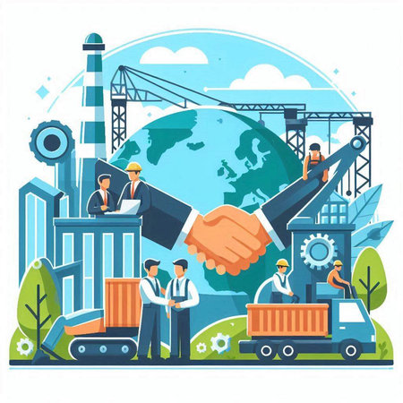 Handshake of businessmen and workers on construction site. Vector illustration.のイラスト素材