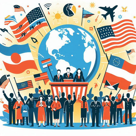 Vector illustration of a crowd of people with flags around the globe.のイラスト素材
