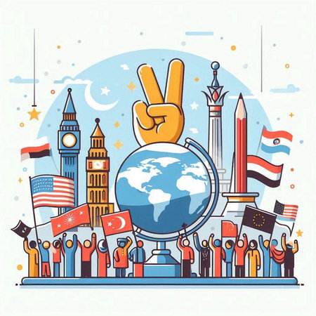 Vector illustration of a crowd of people with globe, flags and other symbols.のイラスト素材