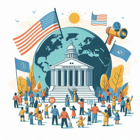 American crowd of people around the United States Capitol building. Vector illustration.のイラスト素材