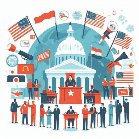 Political rally in United States of America. Group of people with flags, megaphones and microphones. Flat vector illustration.のイラスト素材