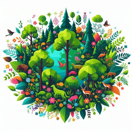 Ecology concept with forest and animals. Vector illustration for your designのイラスト素材