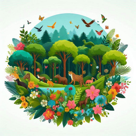 Beautiful forest landscape with wild animals and birds. Vector illustration.のイラスト素材