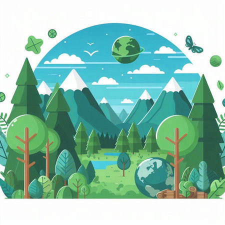 Nature landscape with mountains, trees and lake. Vector cartoon illustration.のイラスト素材