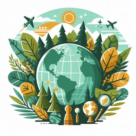 Vector illustration of Earth globe surrounded by trees, plants and airplanes.のイラスト素材