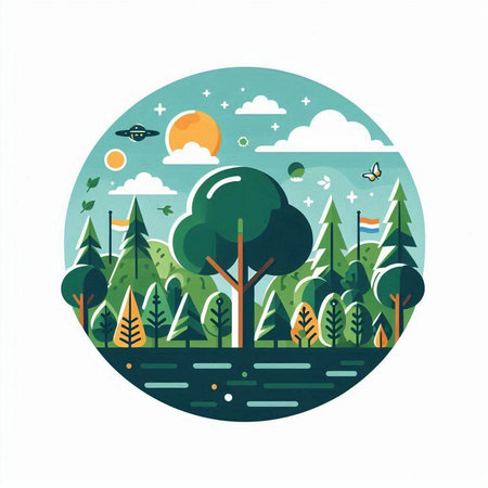 Vector illustration of forest in flat style. Forest landscape with trees, sun, clouds and flying saucer.のイラスト素材