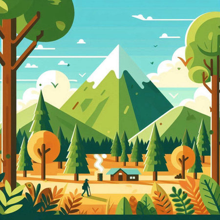 Landscape with mountains and forest in flat style. Vector illustration.のイラスト素材