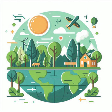 Ecology concept. Vector flat design illustration of green planet with trees, windmills and houses on white background.のイラスト素材