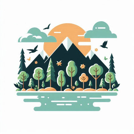 Landscape with mountains, trees and birds. Vector illustration in flat style.のイラスト素材