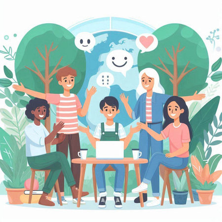 Happy group of people sitting at table and talking. Vector illustration in cartoon styleのイラスト素材