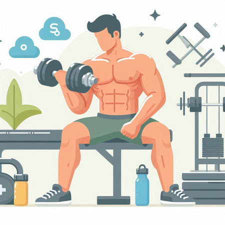 Fitness man with dumbbells. Vector illustration in flat styleのイラスト素材