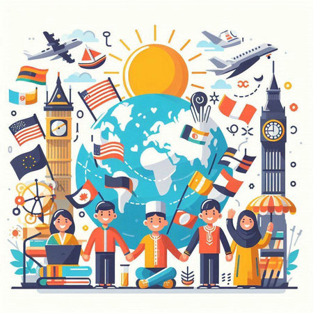 Vector illustration of people around the world. Travel and tourism concept.のイラスト素材