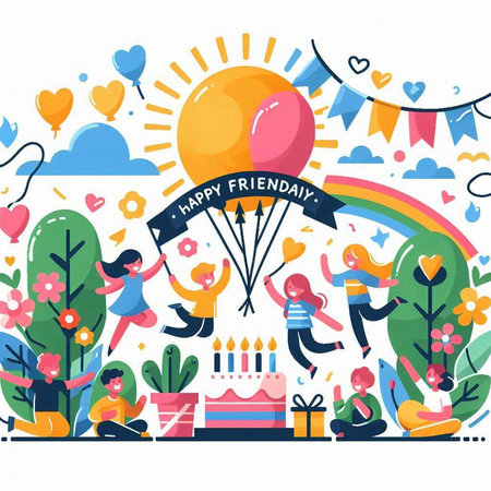 Happy Birthday greeting card with happy people celebrating in park. Vector illustration.のイラスト素材