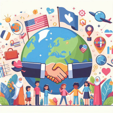 Vector illustration of a group of children and business people shaking hands. Concept of partnership and cooperation.のイラスト素材