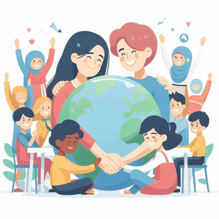 Happy group of students and teacher holding hands around the globe. Vector illustration.のイラスト素材