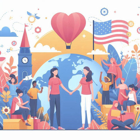 People with USA flag, balloons and globe. Flat vector illustration.のイラスト素材