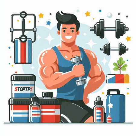 Fitness man with dumbbells and sport equipment. Vector illustrationのイラスト素材