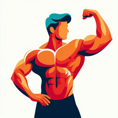 Bodybuilder flexing his muscles on a white background. Vector illustration.のイラスト素材