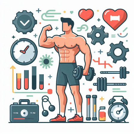 Muscular man in sportswear. Bodybuilding and healthy lifestyle. Vector illustrationのイラスト素材