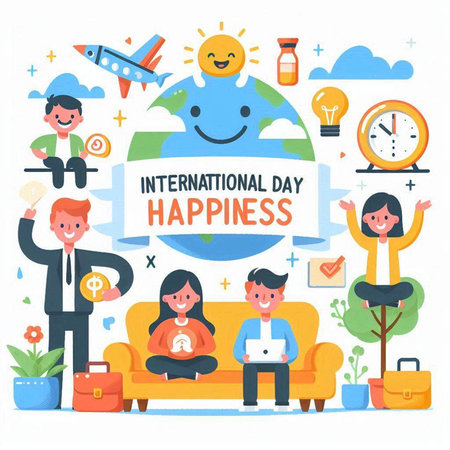 International Day of Happiness concept. Flat design vector illustration for web and mobile appのイラスト素材
