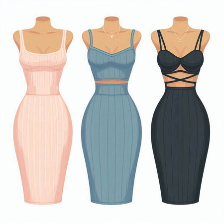 Women's evening dresses on a mannequin. Vector illustration.のイラスト素材