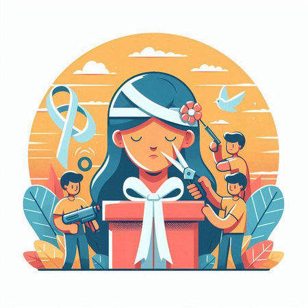 Illustration of a girl holding a gift in her hands. Flat vector illustration.のイラスト素材