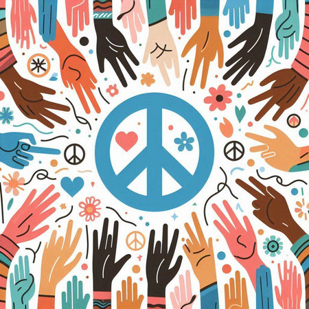 Hands with peace sign and symbols. Vector illustration in flat style.のイラスト素材