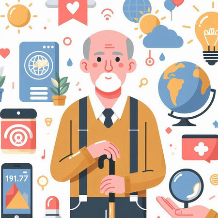 Elderly man with a cane. Vector illustration in flat styleのイラスト素材
