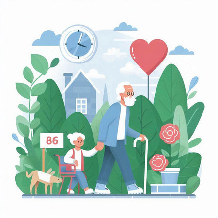 Elderly couple walking in the park. Flat style vector illustration.のイラスト素材