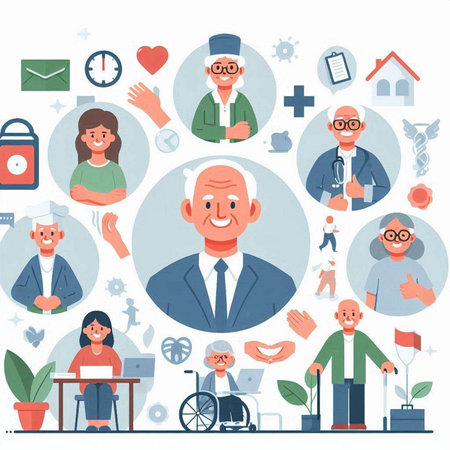 Vector illustration of elderly people in flat design. Old man in wheelchair.のイラスト素材