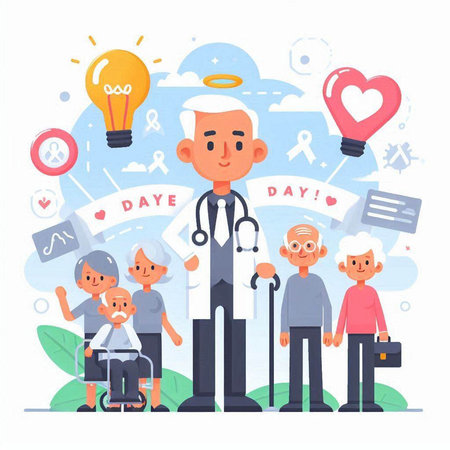 Happy grandparents day card with cartoon doctor, grandparents and grandchild. Flat vector illustration.のイラスト素材
