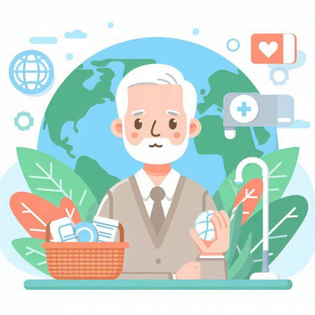 Elderly man with a basket of food. Vector illustration.のイラスト素材