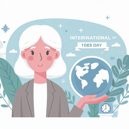 International Day of Older Persons. Woman holding earth globe. Vector illustrationのイラスト素材